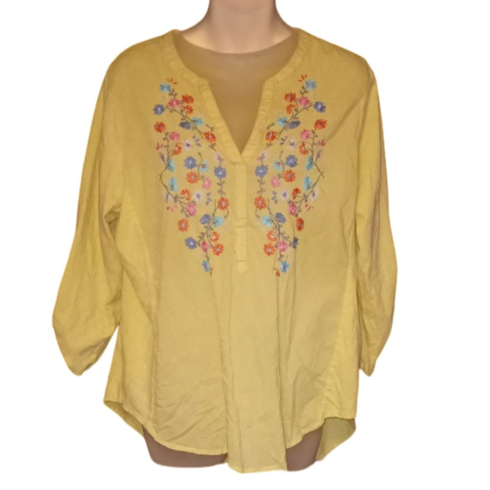 Passports 100% Cotton Yellow Floral Embroidered Blouse Top